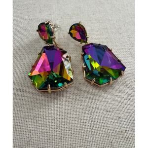 AB Volcano Crystal Statement Earrings Rainbow Faceted Glass Drops NWOT